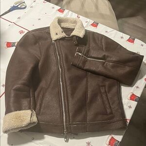A/X Armani Exchange Brown Leather Jacket with Shearling Accents
